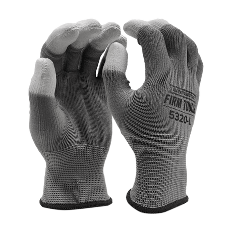 <b>5320</b>- FIRM TOUCH 13g grey polyester shell w/ 5 fingertip PU coated