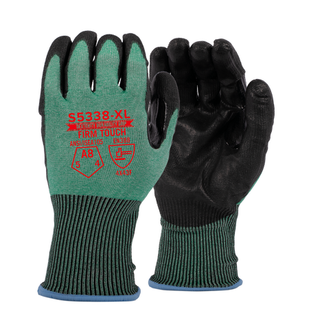 <b> S5338</b> Standard ANSI Cut 8 PU Green Shell Black Coating