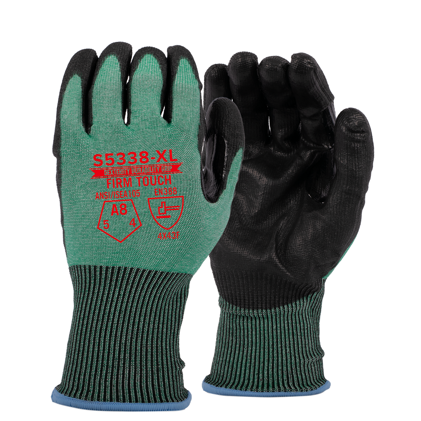 <b> S5338</b> Standard ANSI Cut 8 PU Green Shell Black Coating