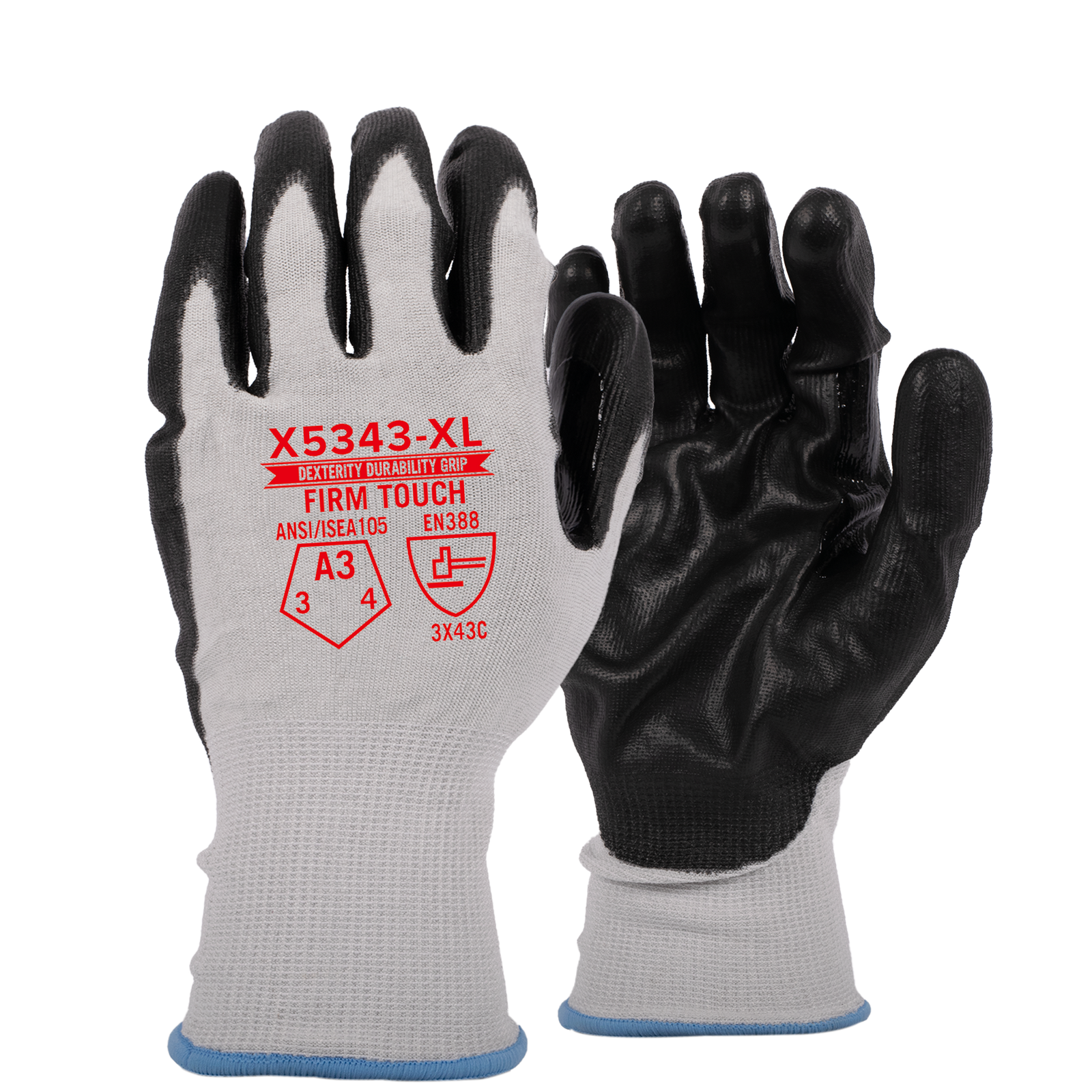 <b> X5343</b> Premium ANSI Cut 3 PU White shell black coating