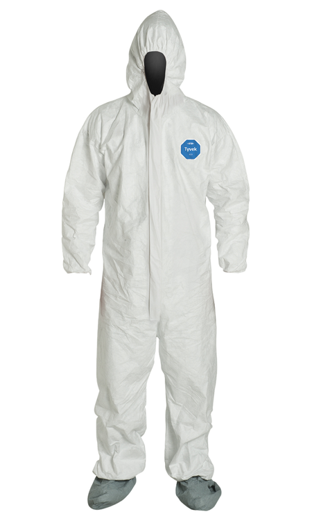 <b>TY122S WH</b>-DuPont™ Tyvek® 400 Coverall w/ Resp. Fit Hood, Elastic Wrists, Skid-Resistant Boots, Serged Seams, Storm Flap