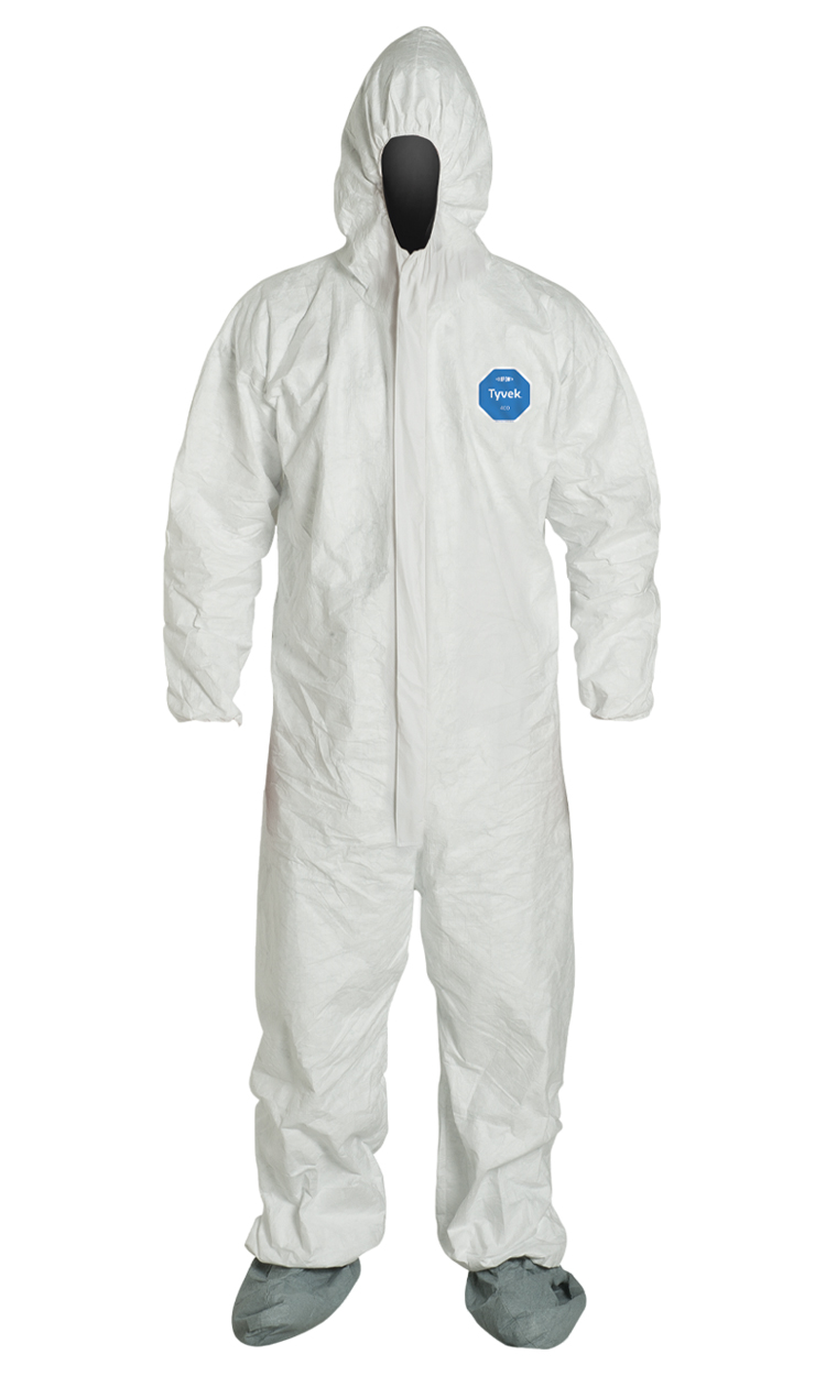 <b>TY122S WH</b>-DuPont™ Tyvek® 400 Coverall w/ Resp. Fit Hood, Elastic Wrists, Skid-Resistant Boots, Serged Seams, Storm Flap