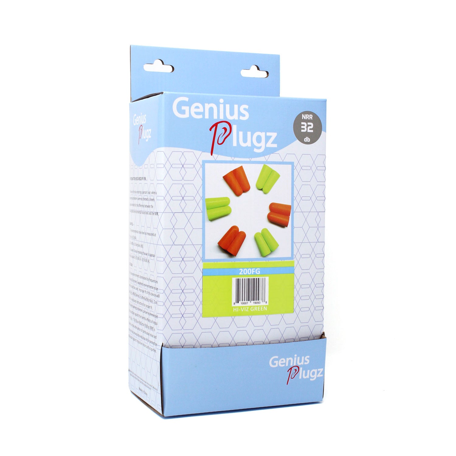 <b>200FG</b>- GENIUS PLUGZ Uncorded Industrial Ear Plugs (Hi-Viz Green)