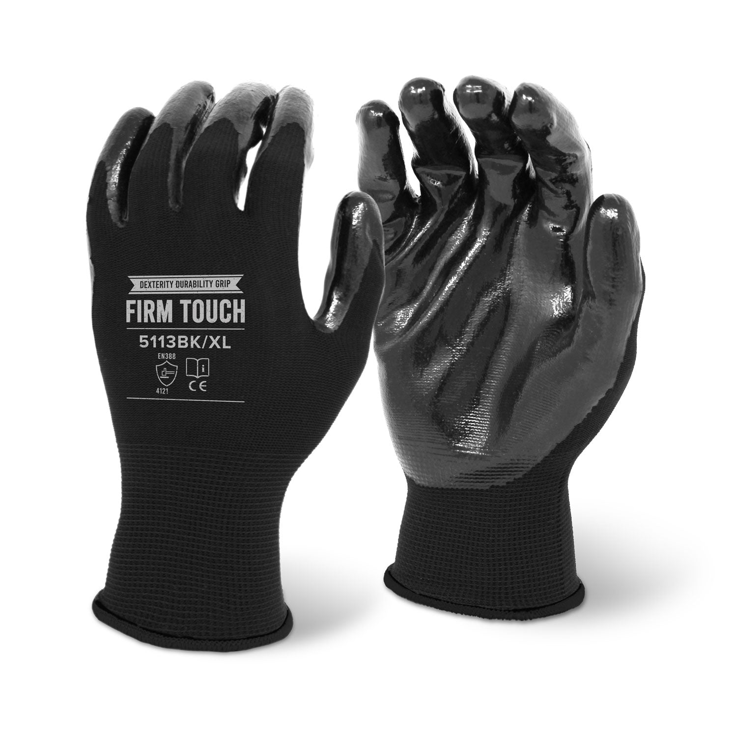<b>5113BK</b>- FIRM TOUCH Black Nitrile Coated - Black Polyester Shell