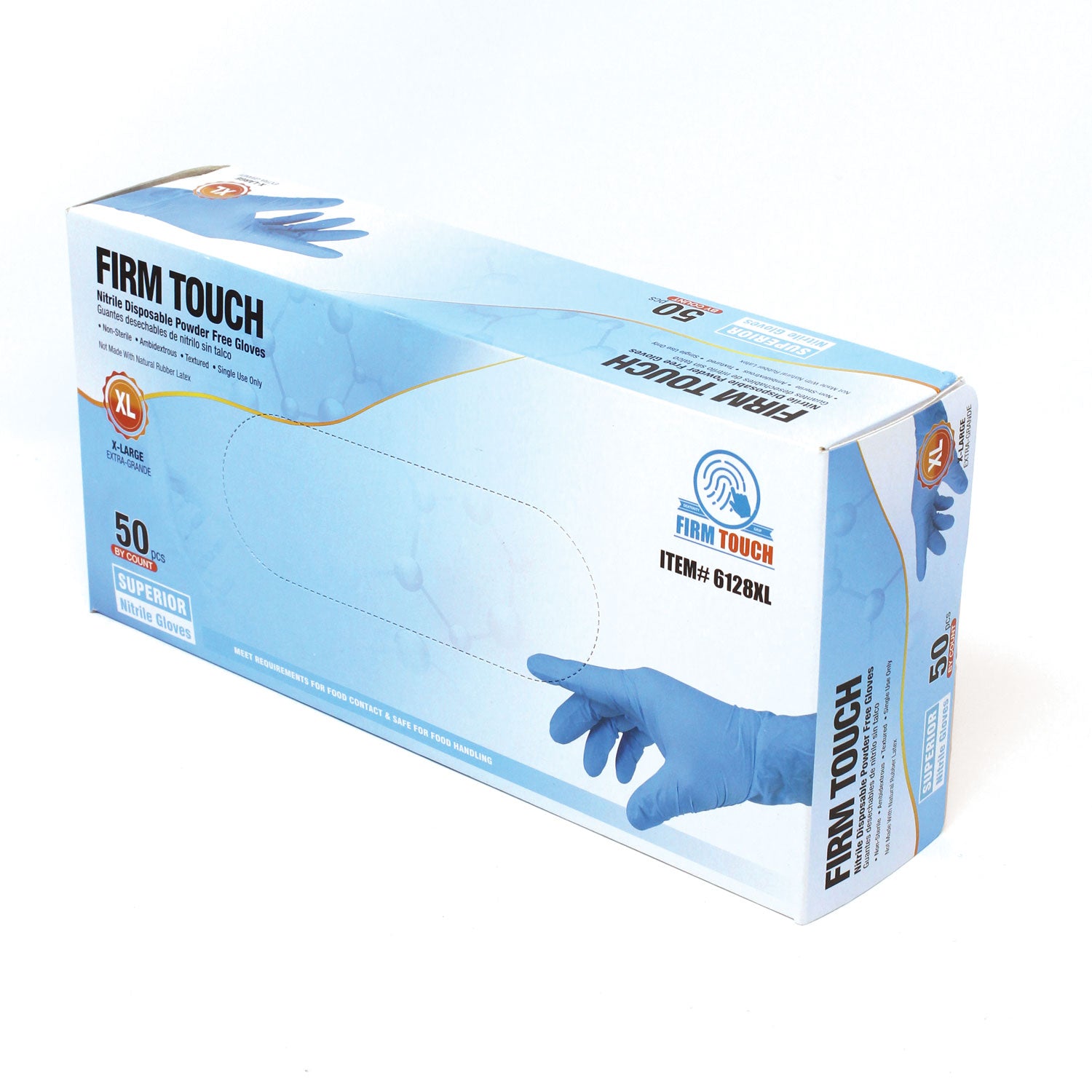 <b>6128</b>- FIRM TOUCH 8 Mil Nitrile Disposable Industrial Grade 12" Length Powder Free (Blue)