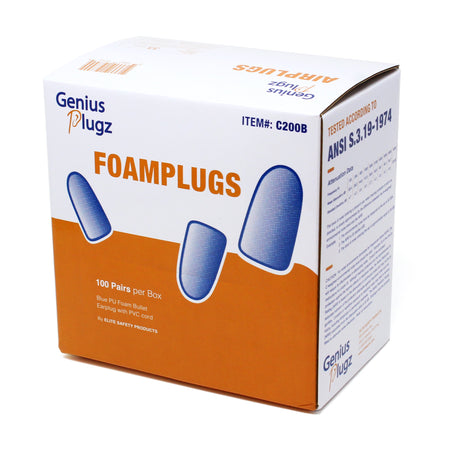 <b>C200B</b>- GENIUS PLUGZ Corded Blue PU Foam Bullet Earplug