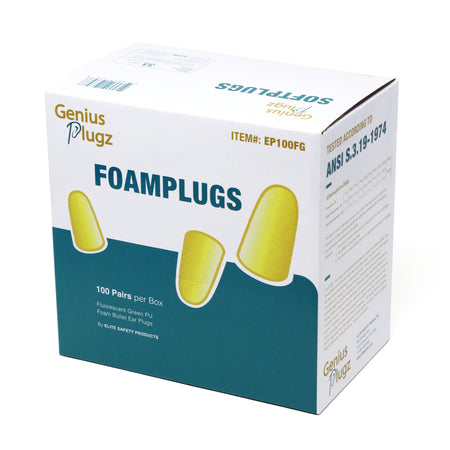 <b>EP100FG</b>- GENIUS PLUGZ Uncorded Industrial Ear Plugs (Hi-Viz Green), 100 Pairs