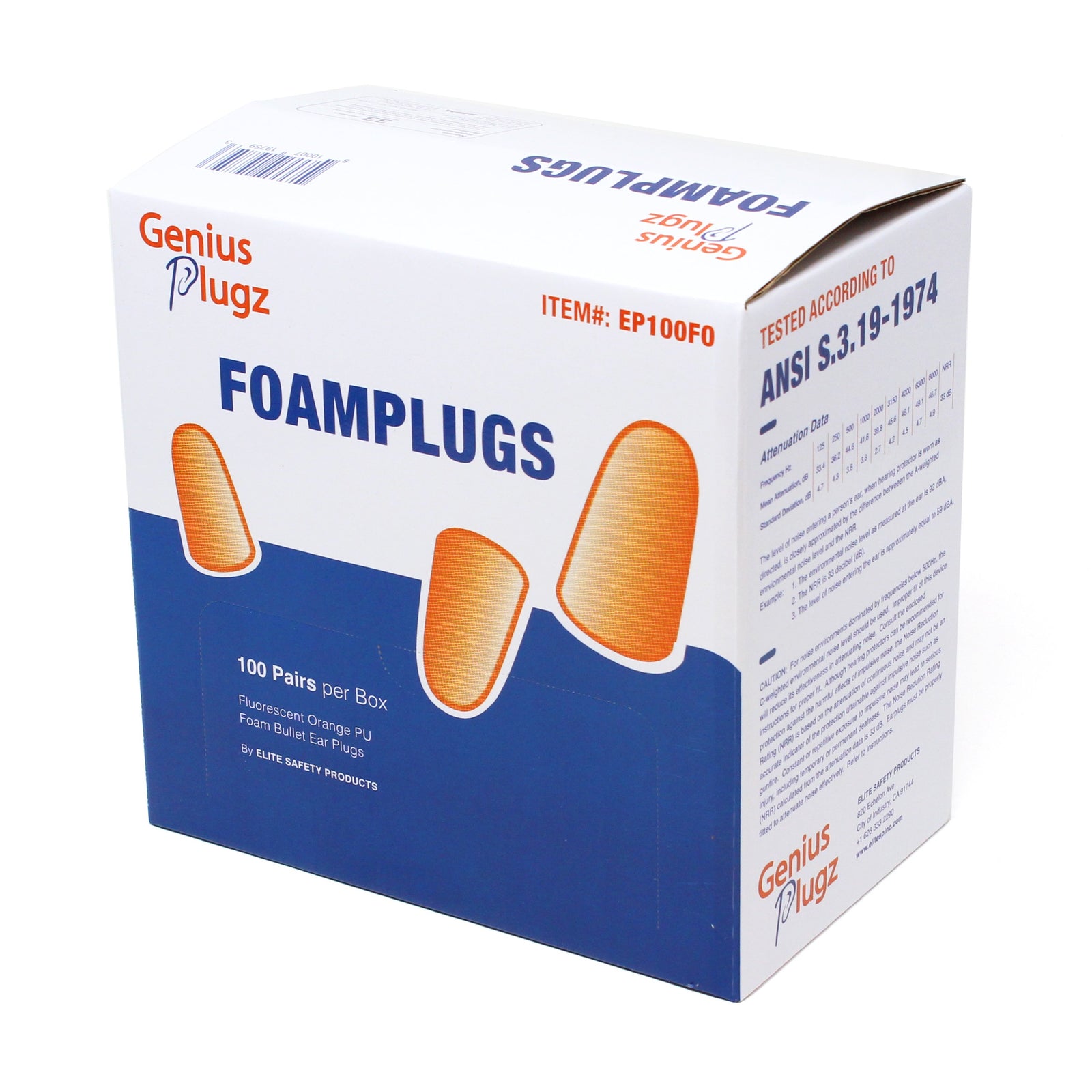 US Standard Products Classic Orange Ear Plugs with Cord - Box of 100 pairs